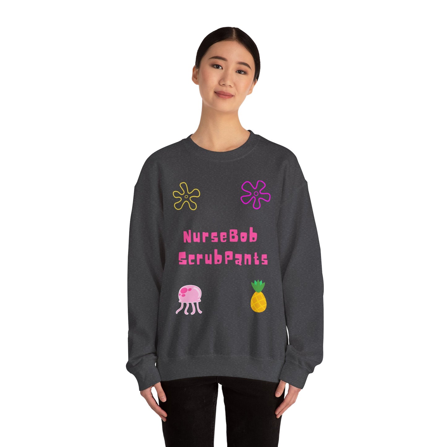NurseBob ScrubPants Crewneck Sweatshirt — Cute Nurse Sponge-Inspired Graphic