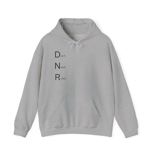 Hoodie — Minimal "DNR (Don't Need Rules)" Vertical Text Hoodie