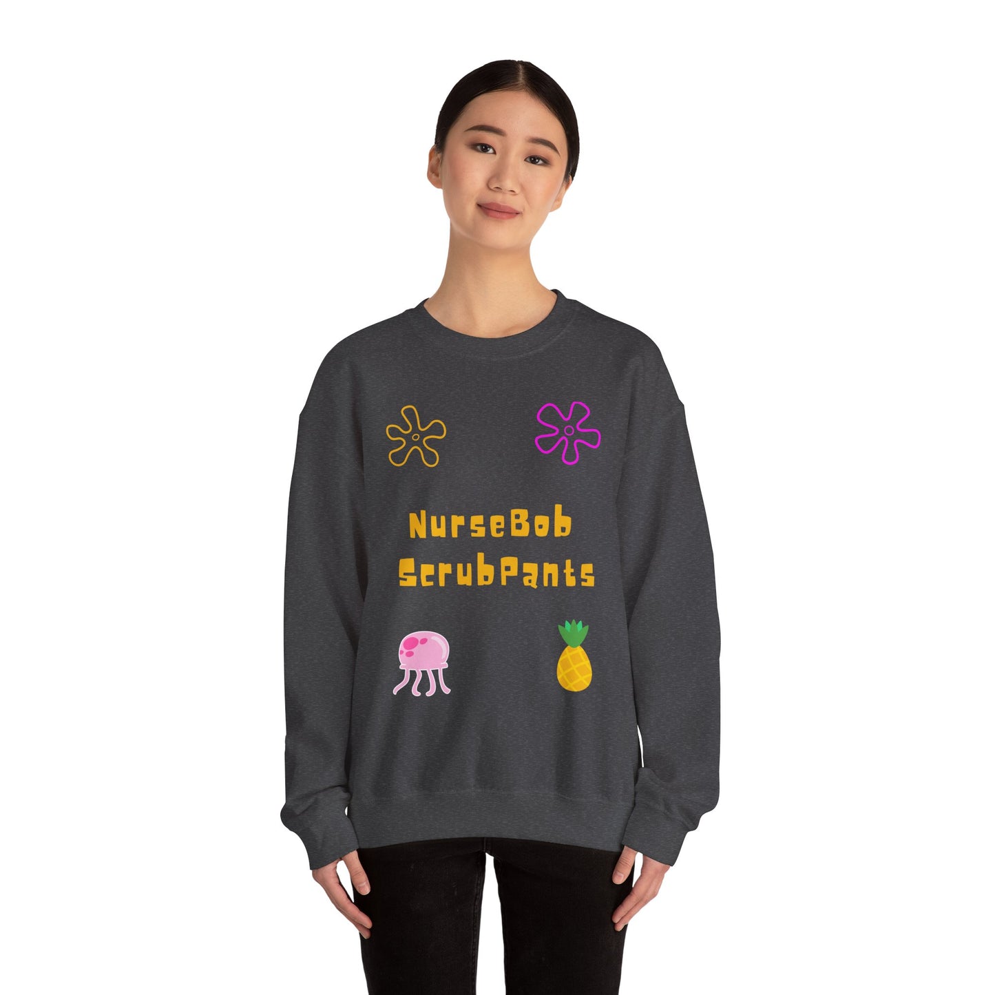 NurseBob ScrubPants Crewneck Sweatshirt — Cute Nurse Cartoon Pineapple & Jellyfish Design