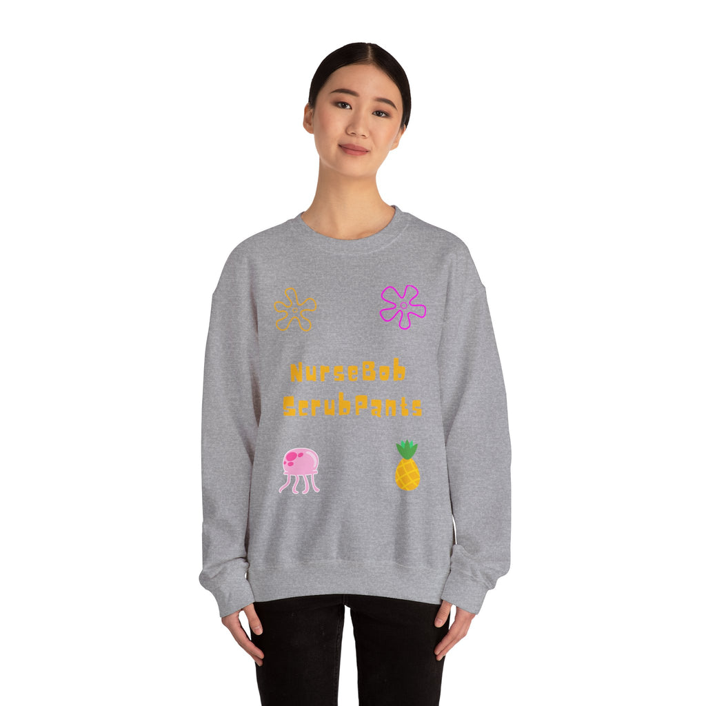 NurseBob ScrubPants Crewneck Sweatshirt — Cute Nurse Cartoon Pineapple & Jellyfish Design