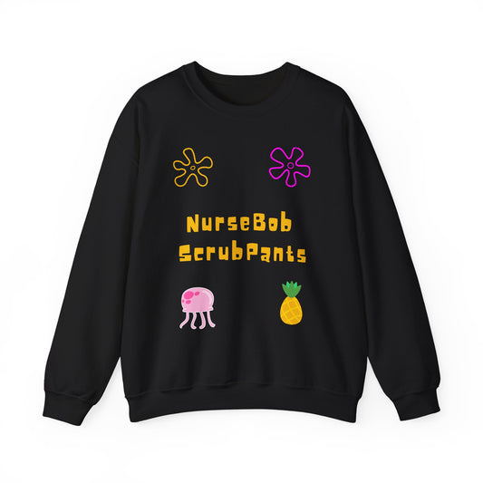 NurseBob ScrubPants Crewneck Sweatshirt — Cute Nurse Cartoon Pineapple & Jellyfish Design