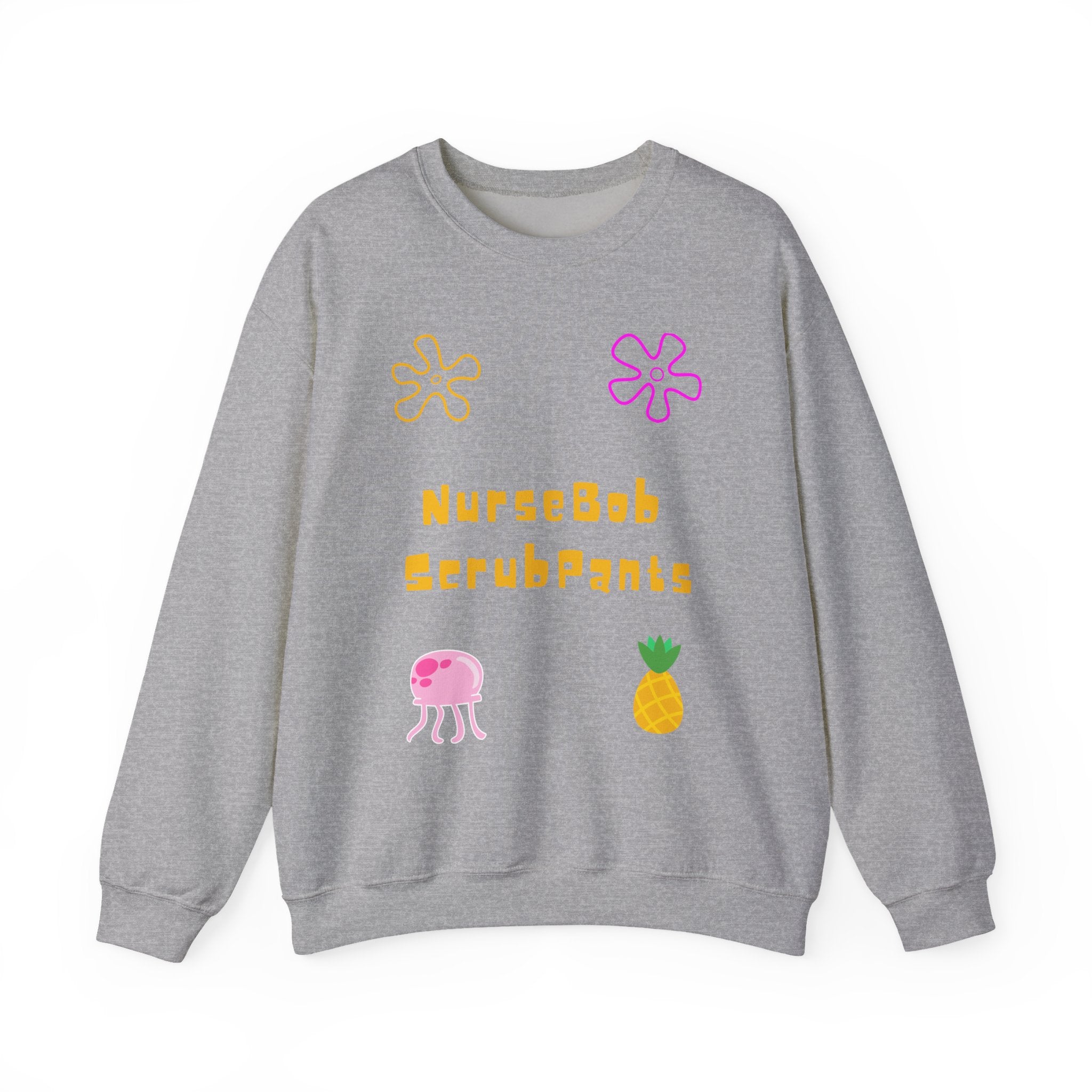 NurseBob ScrubPants Crewneck Sweatshirt — Cute Nurse Cartoon Pineapple & Jellyfish Design