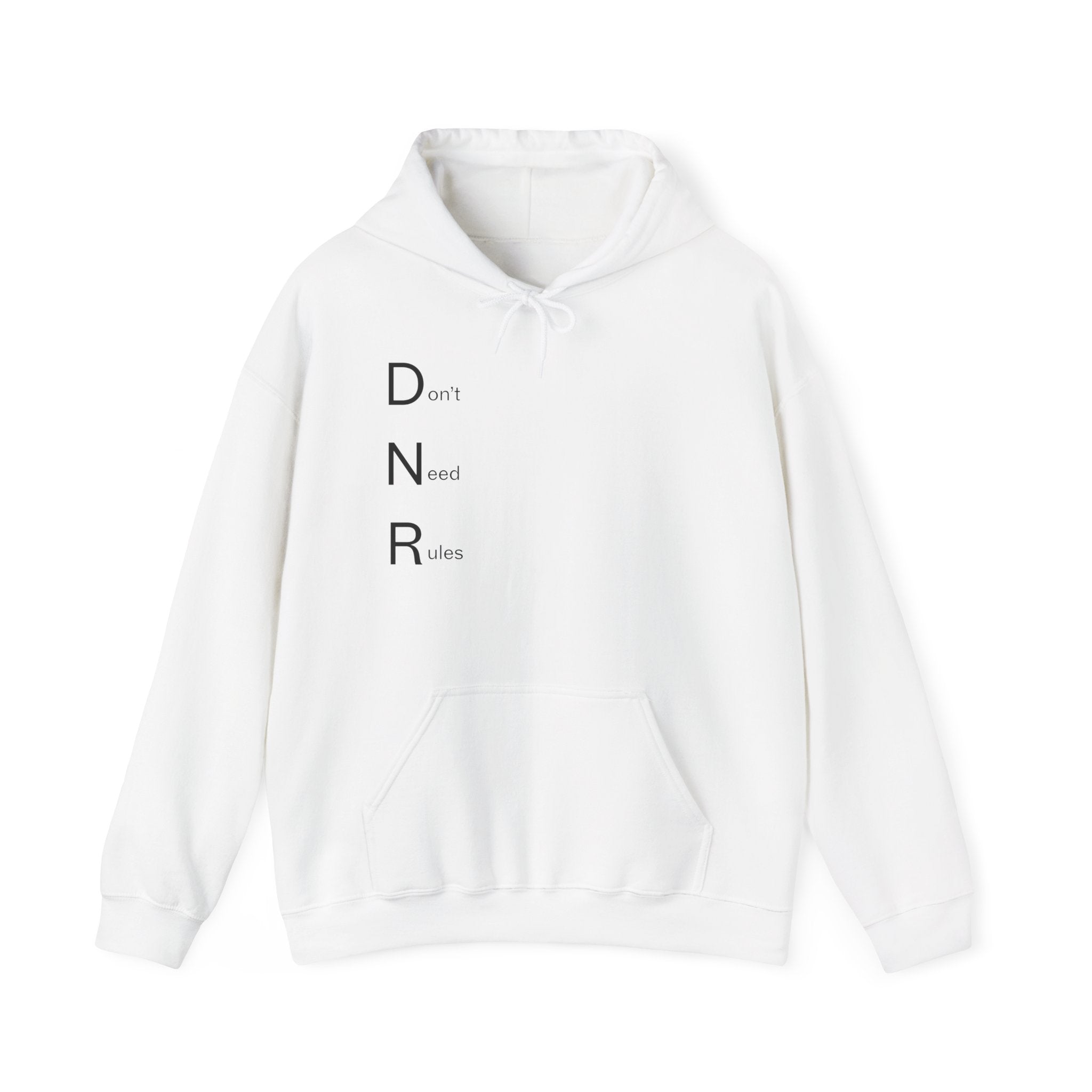 Hoodie — Minimal "DNR (Don't Need Rules)" Vertical Text Hoodie