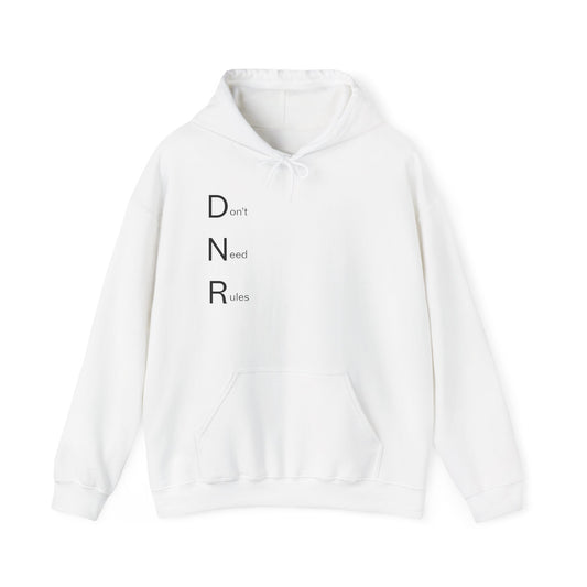 Hoodie — Minimal "DNR (Don't Need Rules)" Vertical Text Hoodie