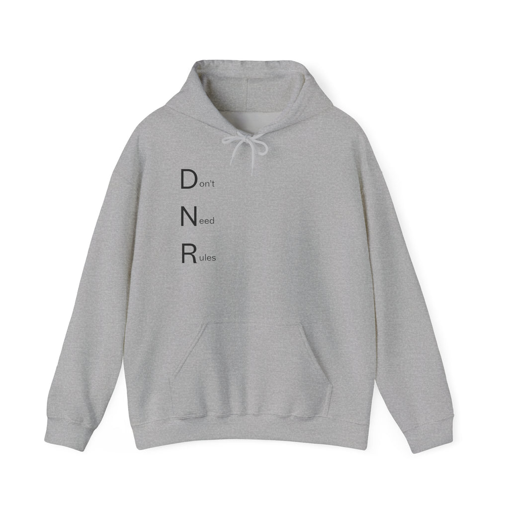 Hoodie — Minimal "DNR (Don't Need Rules)" Vertical Text Hoodie