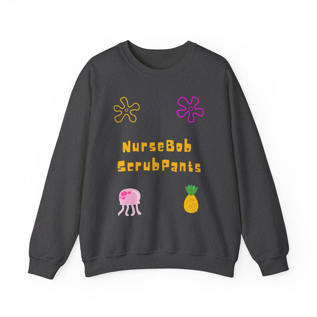 NurseBob ScrubPants Crewneck Sweatshirt — Cute Nurse Cartoon Pineapple & Jellyfish Design