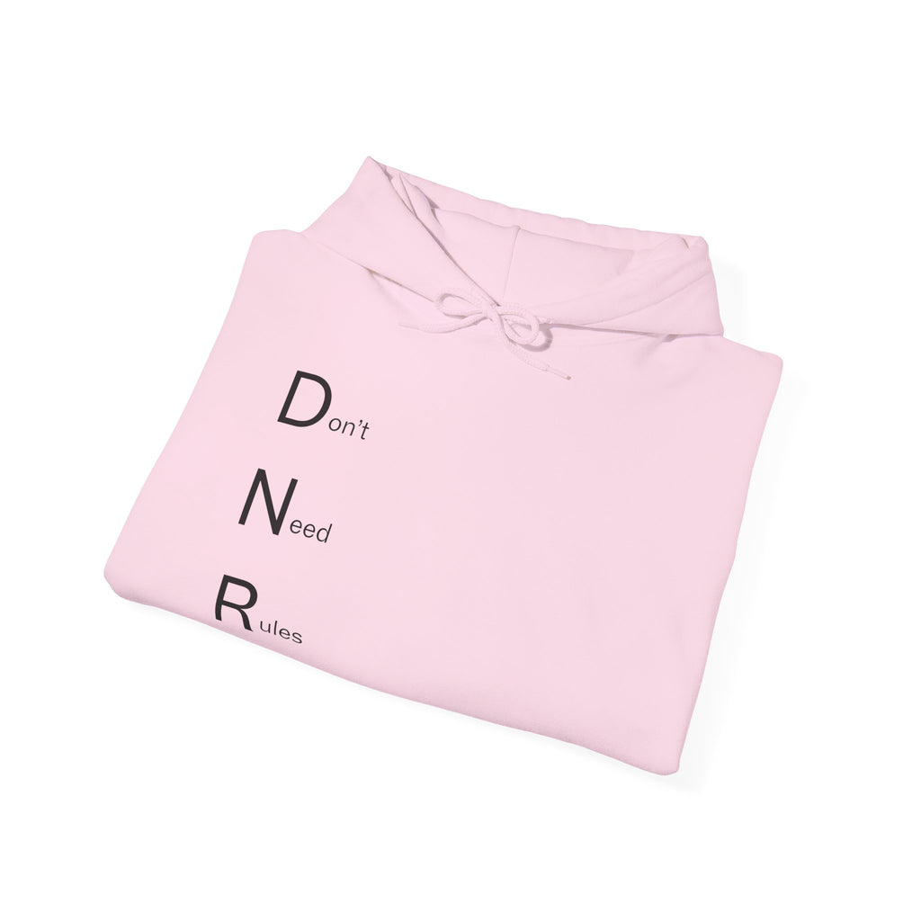 Hoodie — Minimal "DNR (Don't Need Rules)" Vertical Text Hoodie