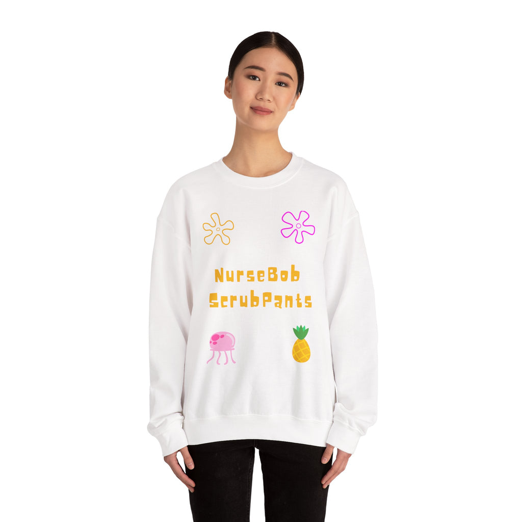 NurseBob ScrubPants Crewneck Sweatshirt — Cute Nurse Cartoon Pineapple & Jellyfish Design