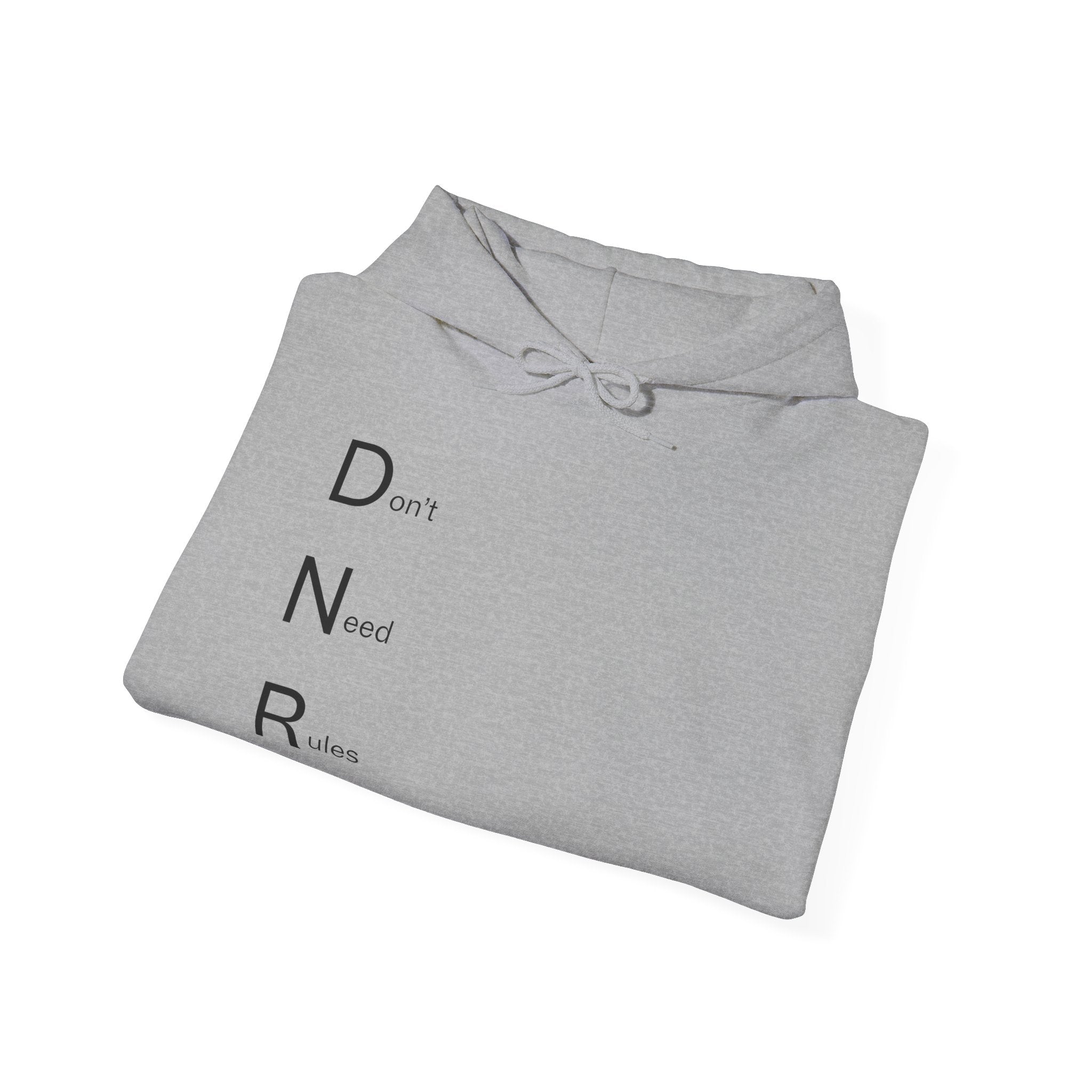 Hoodie — Minimal "DNR (Don't Need Rules)" Vertical Text Hoodie