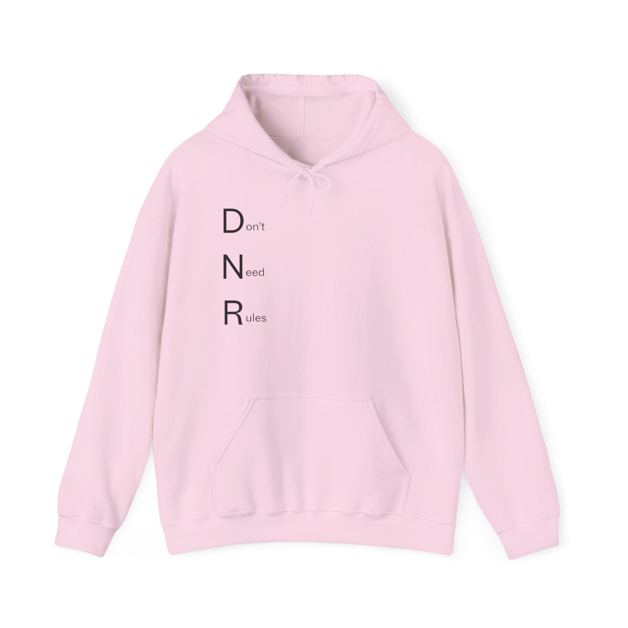 Hoodie — Minimal "DNR (Don't Need Rules)" Vertical Text Hoodie
