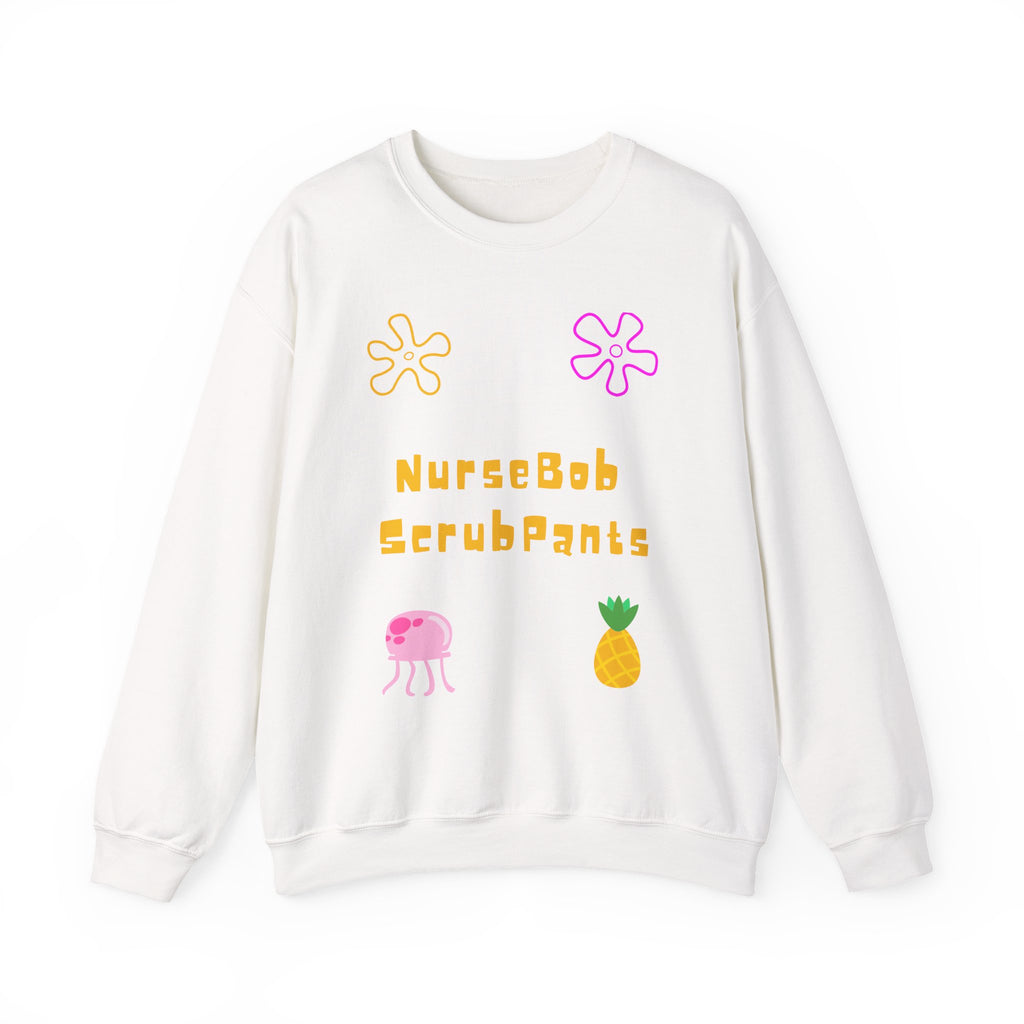 NurseBob ScrubPants Crewneck Sweatshirt — Cute Nurse Cartoon Pineapple & Jellyfish Design