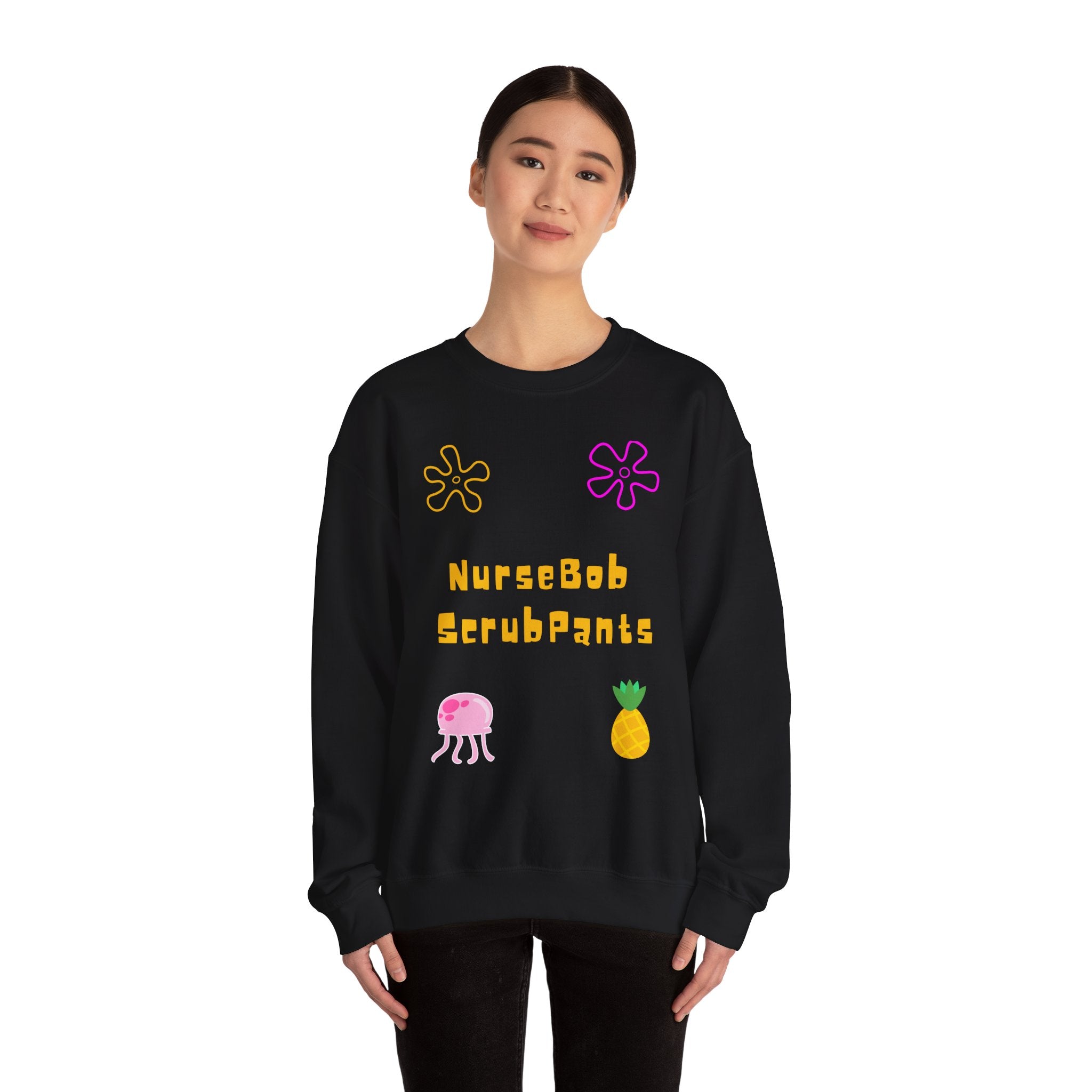NurseBob ScrubPants Crewneck Sweatshirt — Cute Nurse Cartoon Pineapple & Jellyfish Design