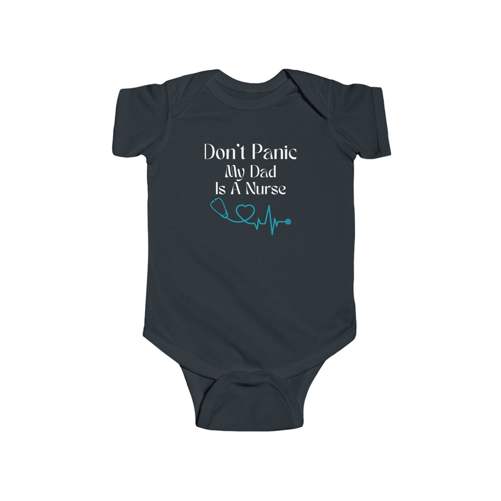 Baby Bodysuit - "Don't Panic My Dad Is A Nurse" Cute Newborn Onesie with Heartbeat Graphic