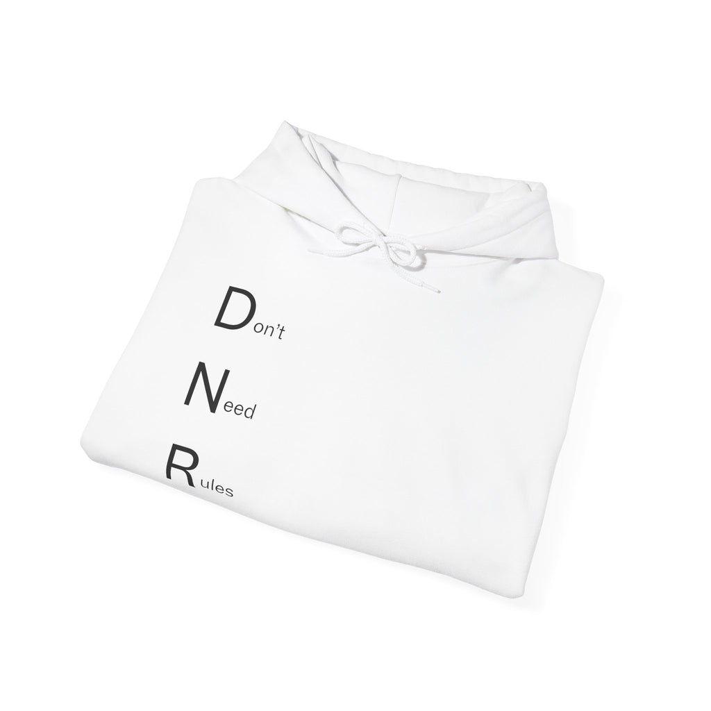 Hoodie — Minimal "DNR (Don't Need Rules)" Vertical Text Hoodie