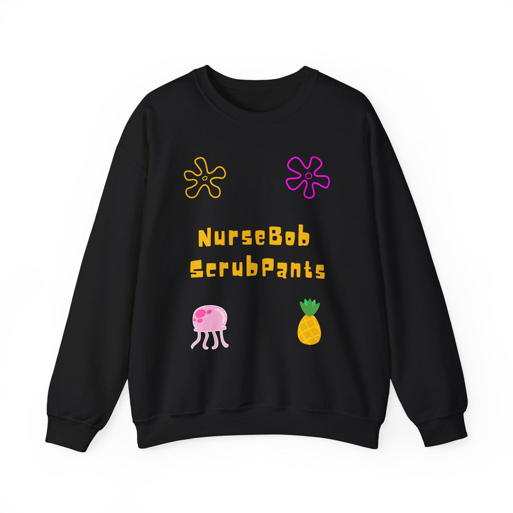 NurseBob ScrubPants Crewneck Sweatshirt — Cute Nurse Cartoon Pineapple & Jellyfish Design